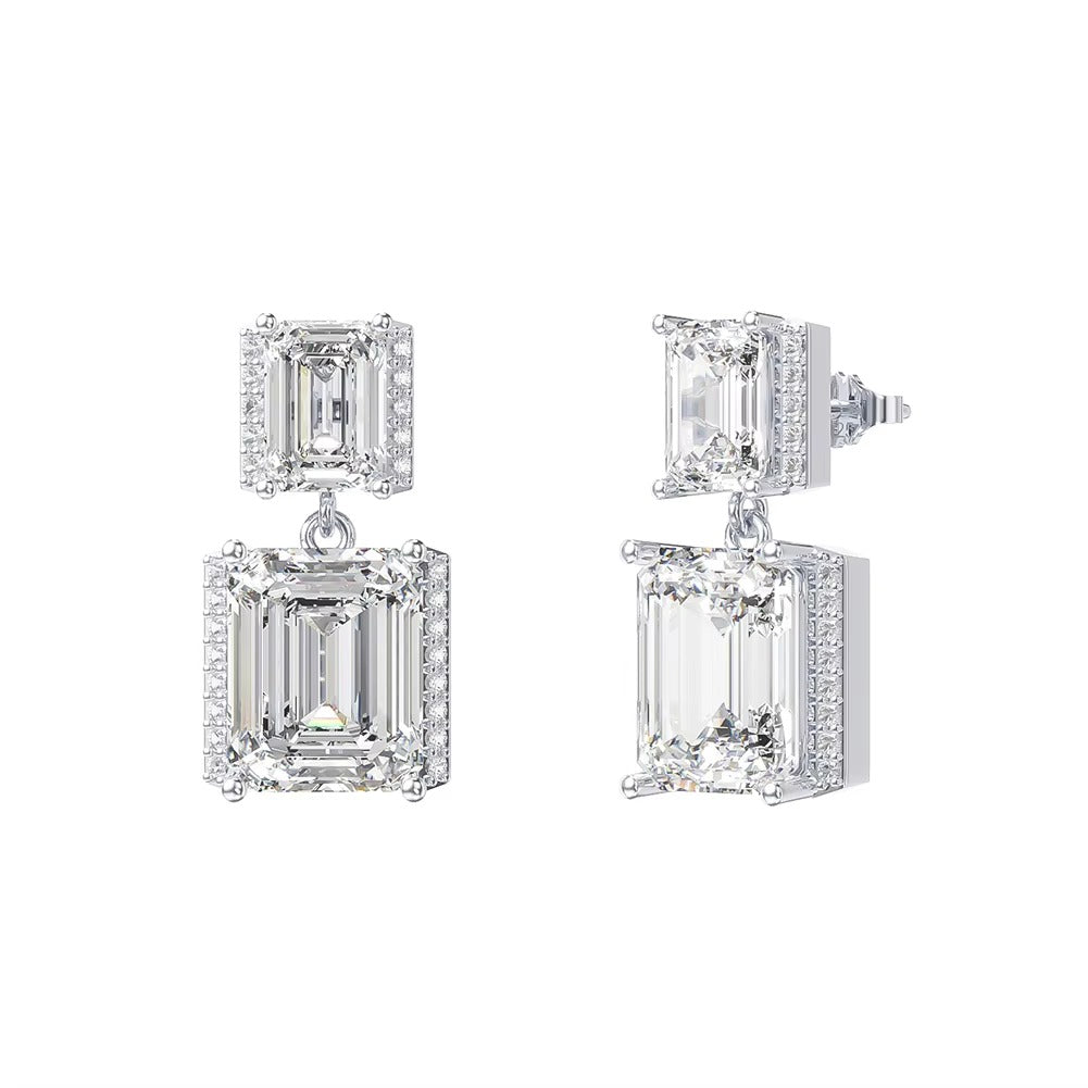 925 Sterling Silver Emerald Cut CZ Drop Earrings