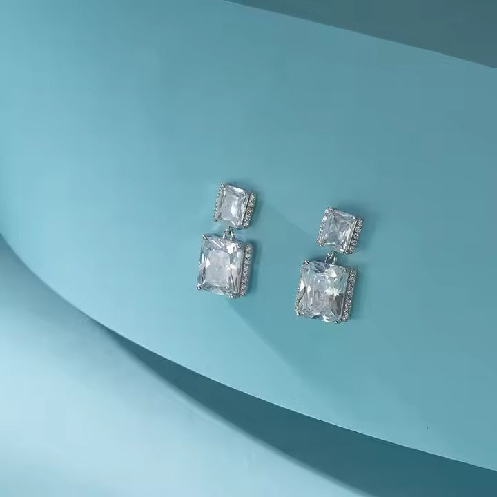 925 Sterling Silver Emerald Cut CZ Drop Earrings